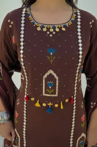 Brown printed kurta with trousers & dupatta set for women