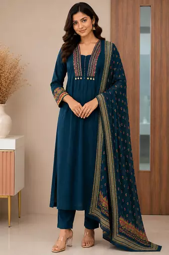 Pure cotton embroidered teal blue kurta & pant with dupatta set for women