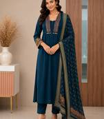 Pure cotton embroidered teal blue kurta & pant with dupatta set for women