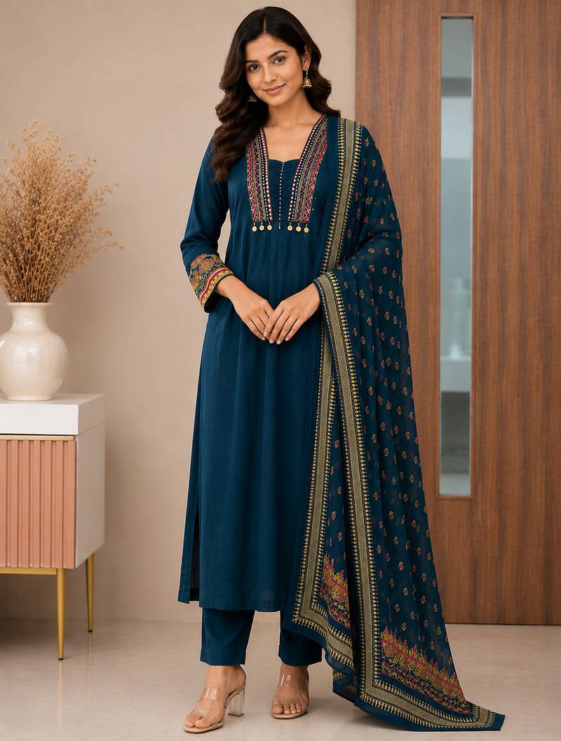 Pure cotton embroidered teal blue kurta & pant with dupatta set for women
