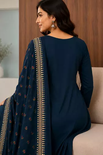 Pure cotton embroidered teal blue kurta & pant with dupatta set for women