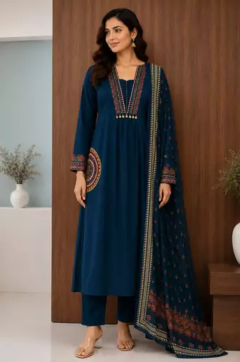Pure cotton embroidered teal blue kurta & pant with dupatta set for women