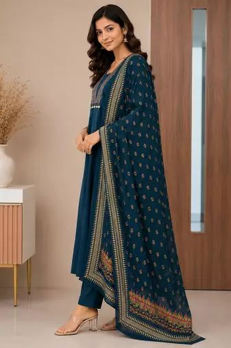 Pure cotton embroidered teal blue kurta & pant with dupatta set for women