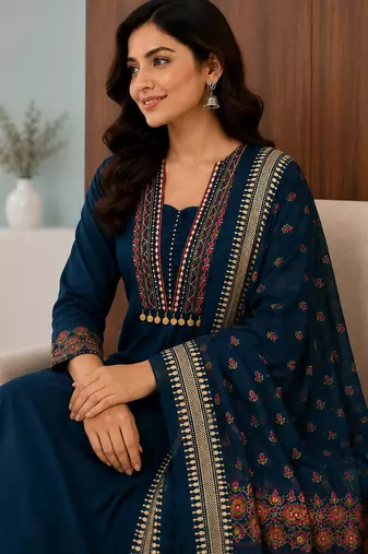 Pure cotton embroidered teal blue kurta & pant with dupatta set for women