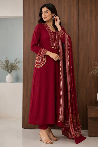 Pure cotton embroidered red kurta & pant with dupatta set for women