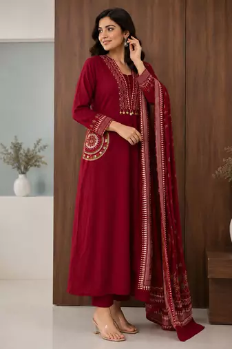 Pure cotton embroidered red kurta & pant with dupatta set for women