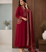 Pure cotton embroidered red kurta & pant with dupatta set for women