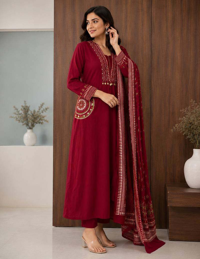 Pure cotton embroidered red kurta & pant with dupatta set for women