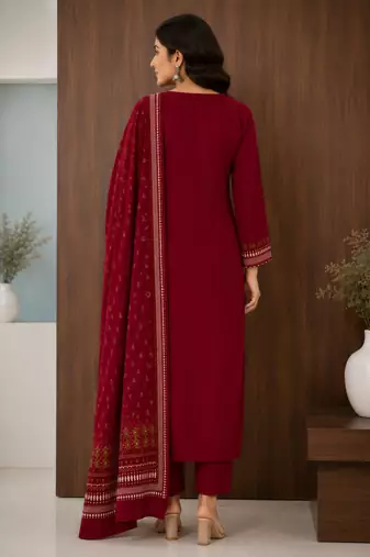 Pure cotton embroidered red kurta & pant with dupatta set for women