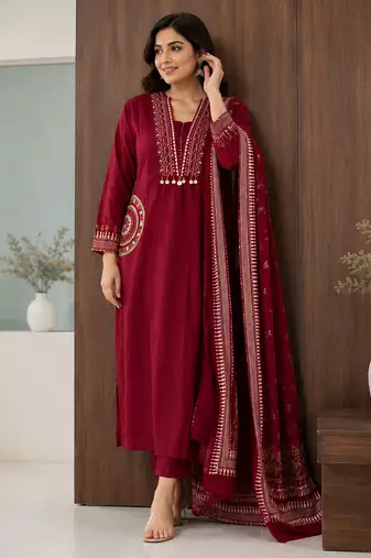 Pure cotton embroidered red kurta & pant with dupatta set for women