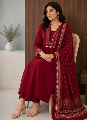 Pure cotton embroidered red kurta & pant with dupatta set for women 4
