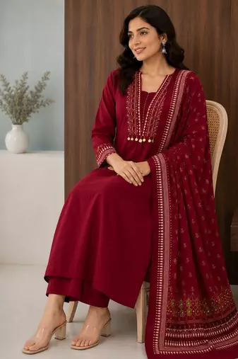 Pure cotton embroidered red kurta & pant with dupatta set for women