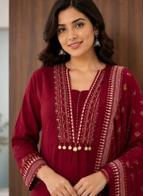 Pure cotton embroidered red kurta & pant with dupatta set for women 5