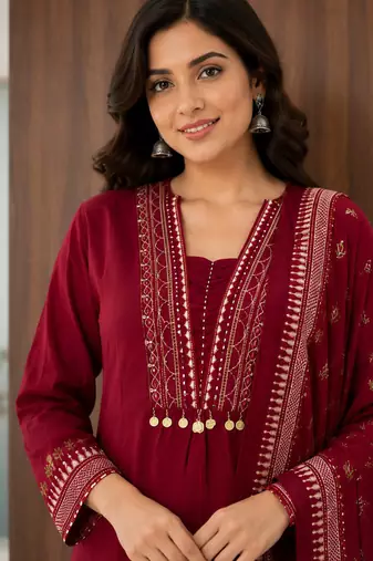 Pure cotton embroidered red kurta & pant with dupatta set for women