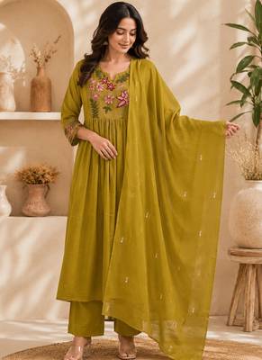 Pure cotton floral print yellow kurta & pant with dupatta set for women 1
