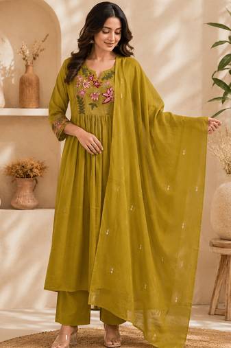 Pure cotton floral print yellow kurta & pant with dupatta set for women