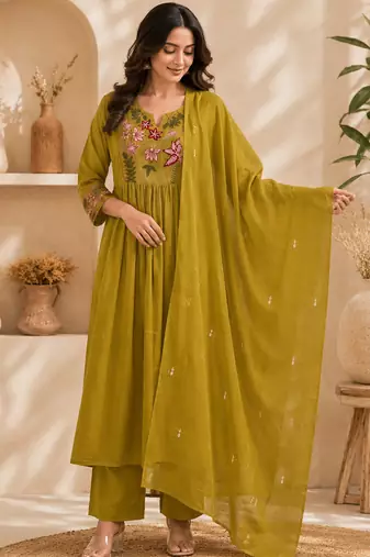 Pure cotton floral print yellow kurta & pant with dupatta set for women