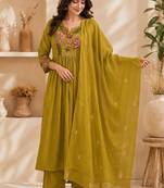 Pure cotton floral print yellow kurta & pant with dupatta set for women