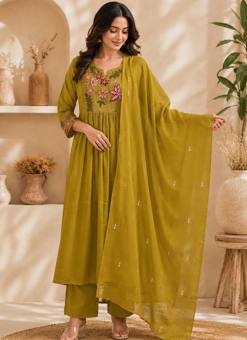 Pure cotton floral print yellow kurta & pant with dupatta set for women
