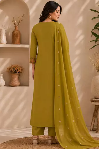Pure cotton floral print yellow kurta & pant with dupatta set for women