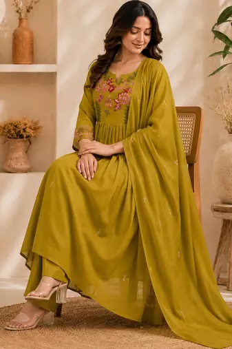 Pure cotton floral print yellow kurta & pant with dupatta set for women
