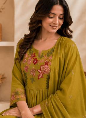 Pure cotton floral print yellow kurta & pant with dupatta set for women 4