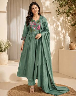 Pure cotton floral print sea green kurta & pant with dupatta set for women 1