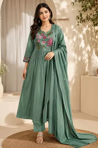 Pure cotton floral print sea green kurta & pant with dupatta set for women