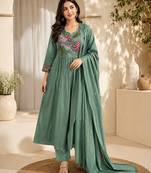 Pure cotton floral print sea green kurta & pant with dupatta set for women
