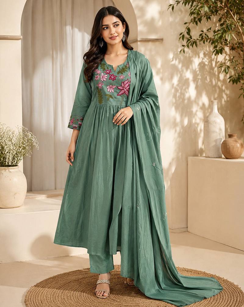 Pure cotton floral print sea green kurta & pant with dupatta set for women