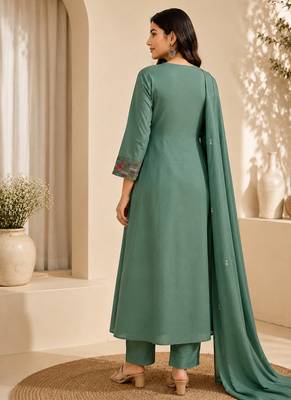 Pure cotton floral print sea green kurta & pant with dupatta set for women 2