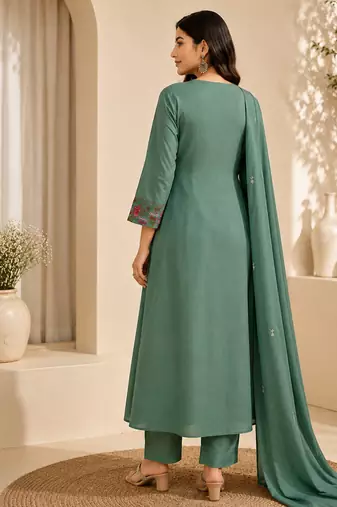 Pure cotton floral print sea green kurta & pant with dupatta set for women