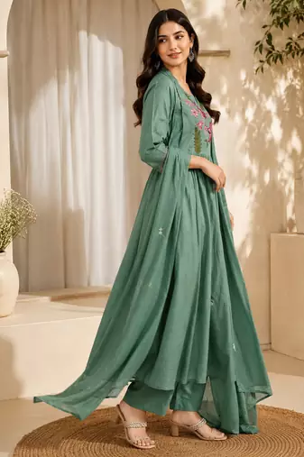 Pure cotton floral print sea green kurta & pant with dupatta set for women