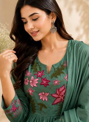 Pure cotton floral print sea green kurta & pant with dupatta set for women 4