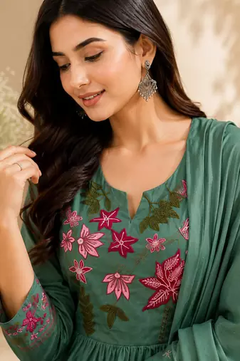 Pure cotton floral print sea green kurta & pant with dupatta set for women