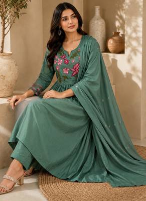 Pure cotton floral print sea green kurta & pant with dupatta set for women 5