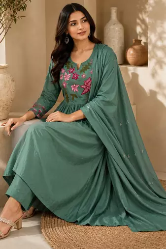 Pure cotton floral print sea green kurta & pant with dupatta set for women