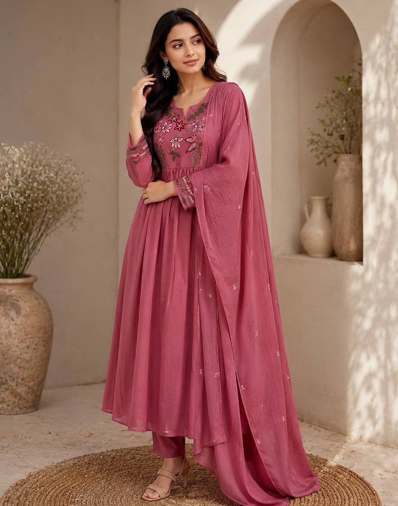 Pure cotton floral print baby pink kurta & pant with dupatta set for women