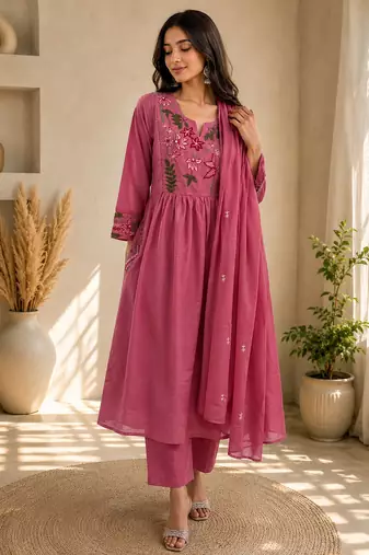 Pure cotton floral print baby pink kurta & pant with dupatta set for women