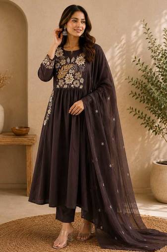 Coffee brown embroidered cotton kurta with pant & dupatta set for women