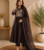 Coffee brown embroidered cotton kurta with pant & dupatta set for women