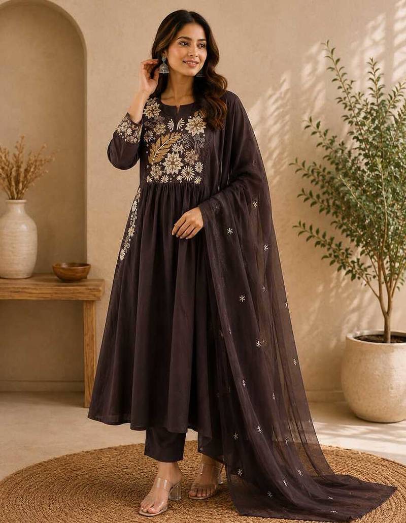 Coffee brown embroidered cotton kurta with pant & dupatta set for women