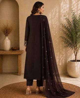 Coffee brown embroidered cotton kurta with pant & dupatta set for women 2
