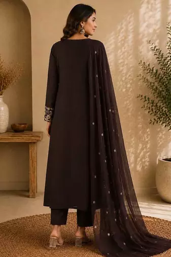 Coffee brown embroidered cotton kurta with pant & dupatta set for women