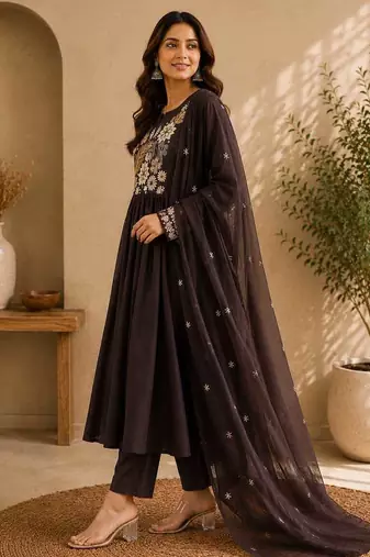 Coffee brown embroidered cotton kurta with pant & dupatta set for women