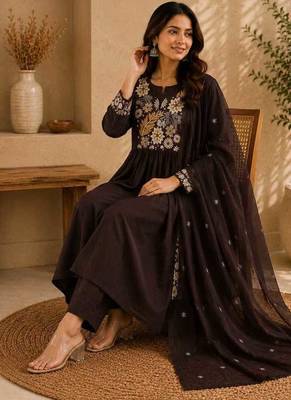 Coffee brown embroidered cotton kurta with pant & dupatta set for women 4