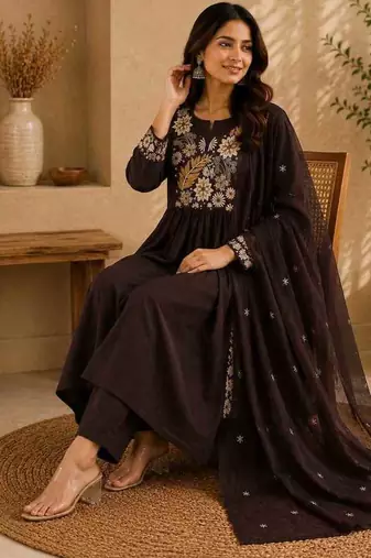 Coffee brown embroidered cotton kurta with pant & dupatta set for women