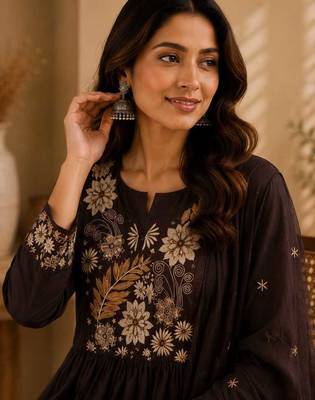 Coffee brown embroidered cotton kurta with pant & dupatta set for women 5