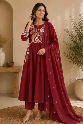 Maroon embroidered cotton kurta with pant & dupatta set for women