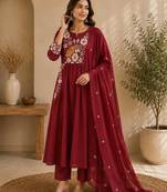 Maroon embroidered cotton kurta with pant & dupatta set for women